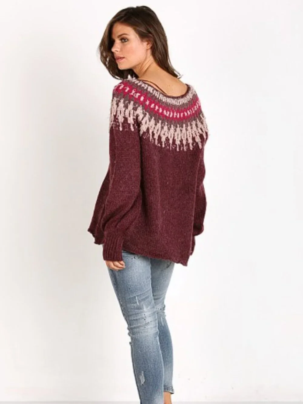 Free People Baltic Fair Isle Maroon Wool Alpaca blend Sweater (M) EUC